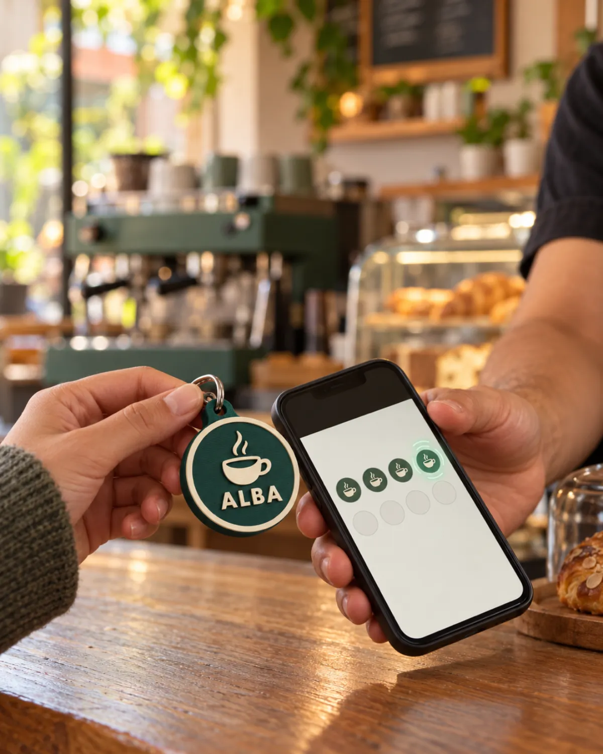 Un cajero acerca un llavero NFC al celular para registrar una compra