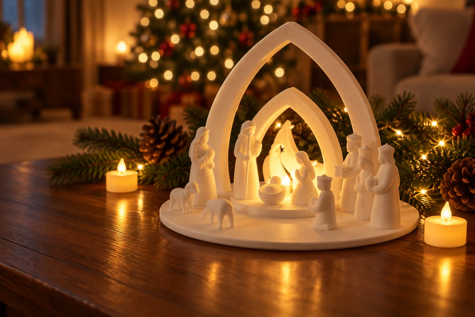 Pesebre blanco impreso en 3D con dos arcos, la Sagrada Familia, Reyes Magos, pastores y ovejas, iluminado con una vela LED sobre una mesa de madera con velitas y luces de Navidad