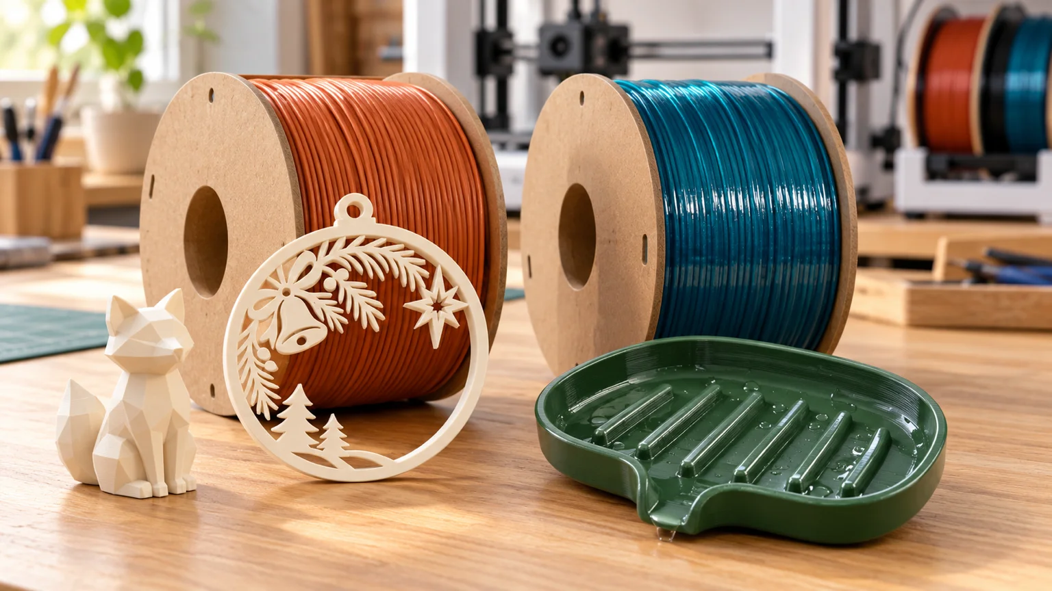 Dos rollos de filamento, uno naranja mate de PLA y otro azul brillante de PETG, junto a un adorno navideño calado y una figura de zorro en PLA y una jabonera verde de PETG con gotas de agua