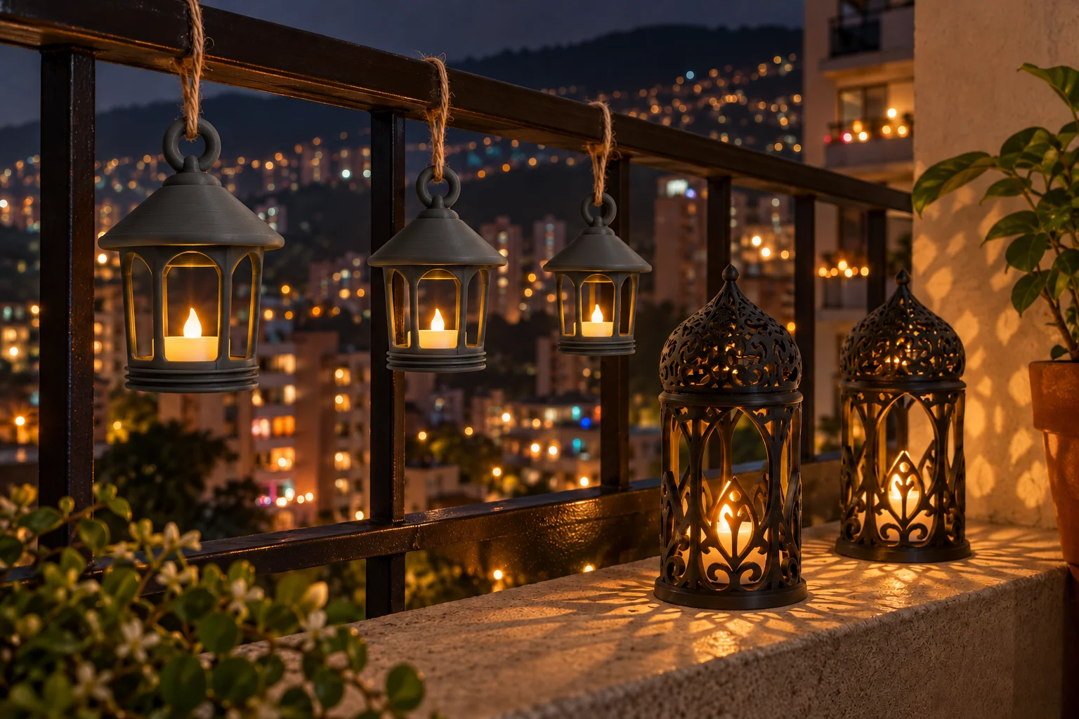 Balcón de noche en Medellín con tres farolitos colgantes grises y dos faroles calados negros impresos en 3D, encendidos con velas LED, frente a las luces de la ciudad