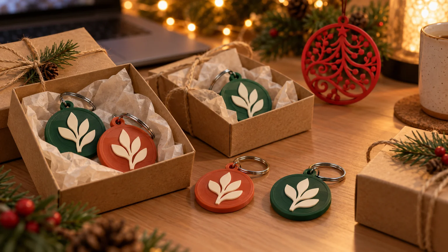 Cajas kraft de regalo abiertas con llaveros redondos impresos en 3D con un logo de hoja, en verde y terracota, y un adorno navideño calado rojo sobre un escritorio con luces cálidas