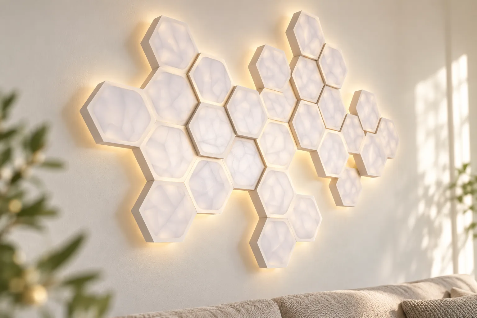 Painéis hexagonais de parede com luz LED