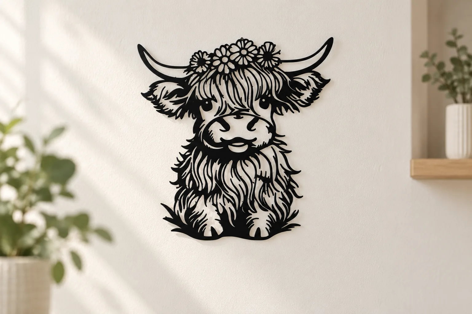 Vaca escocesa com flores, arte de parede
