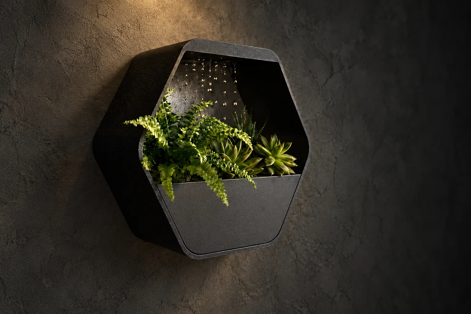 Vaso hexagonal de parede com rega por gotejamento