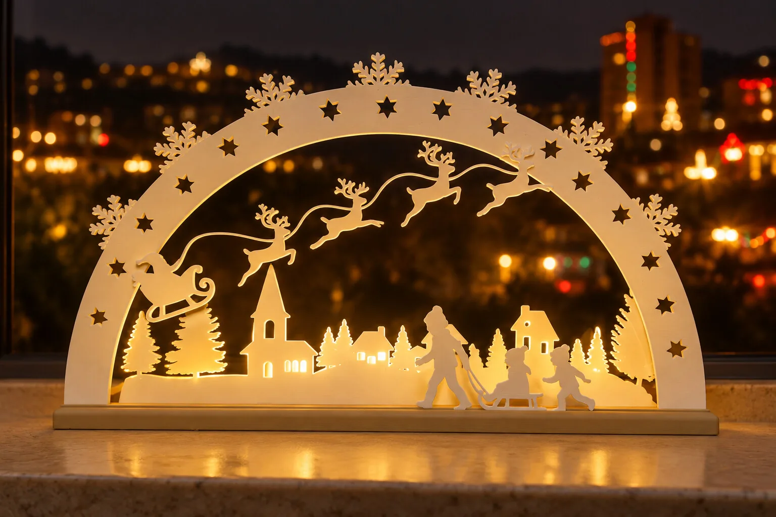 Arco luminoso com Papai Noel e trenó para vela LED impresso em 3D