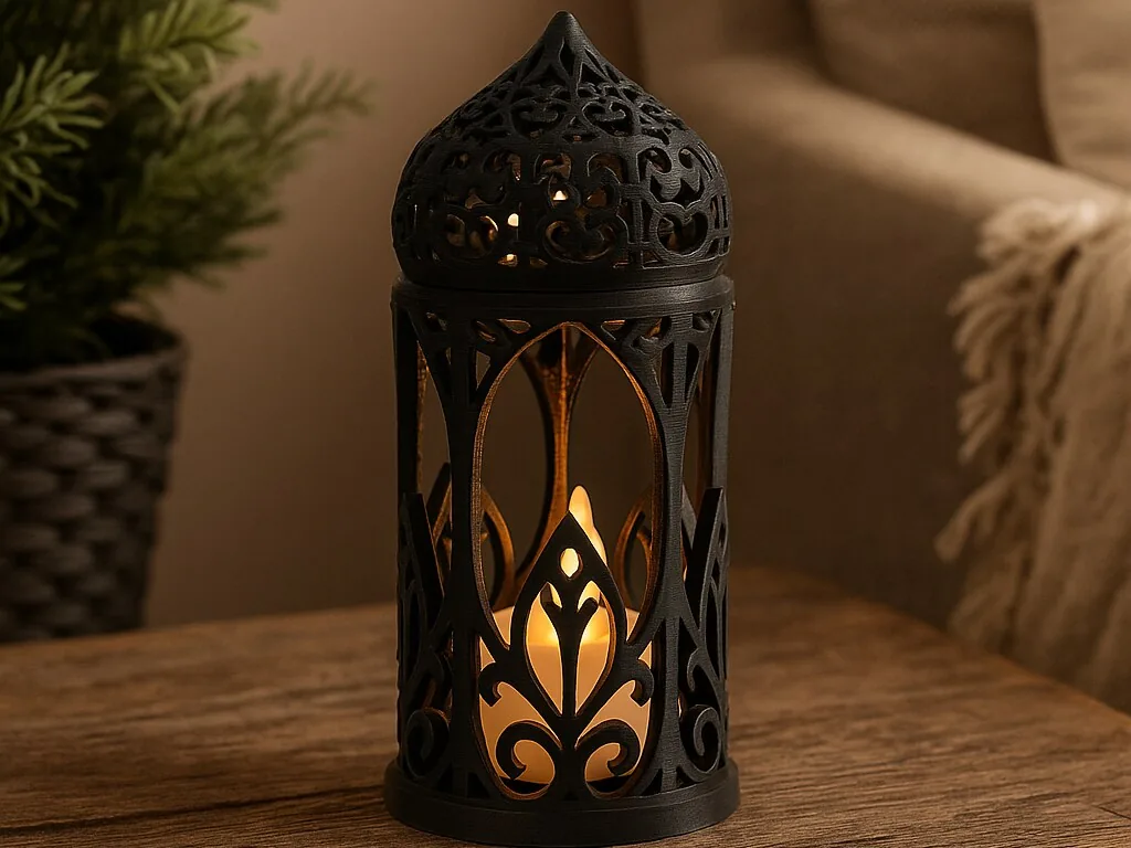 Farol calado negro para vela LED impreso en 3D, foto 2