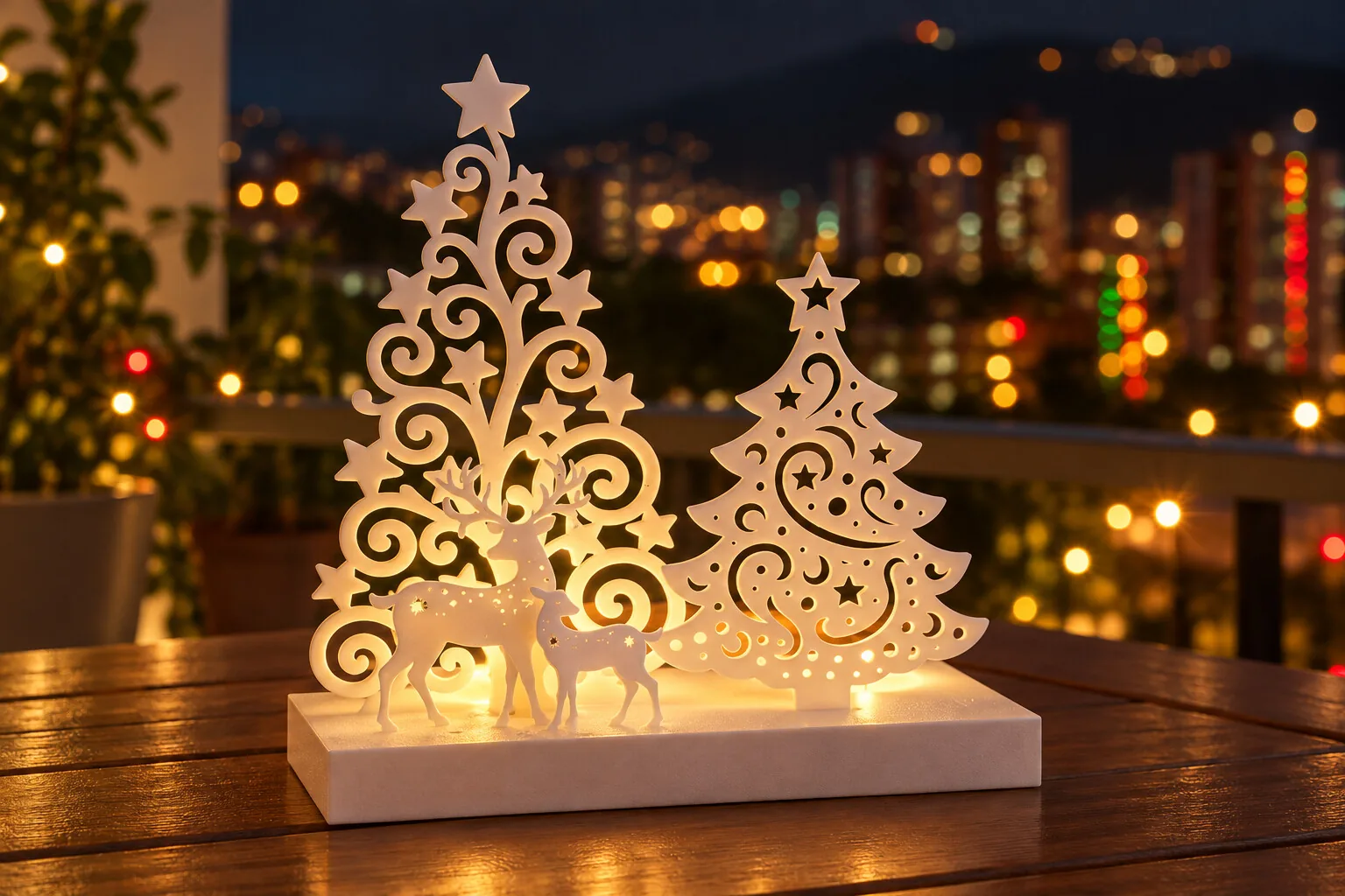 Silueta de bosque navideño con renos para vela LED impreso en 3D