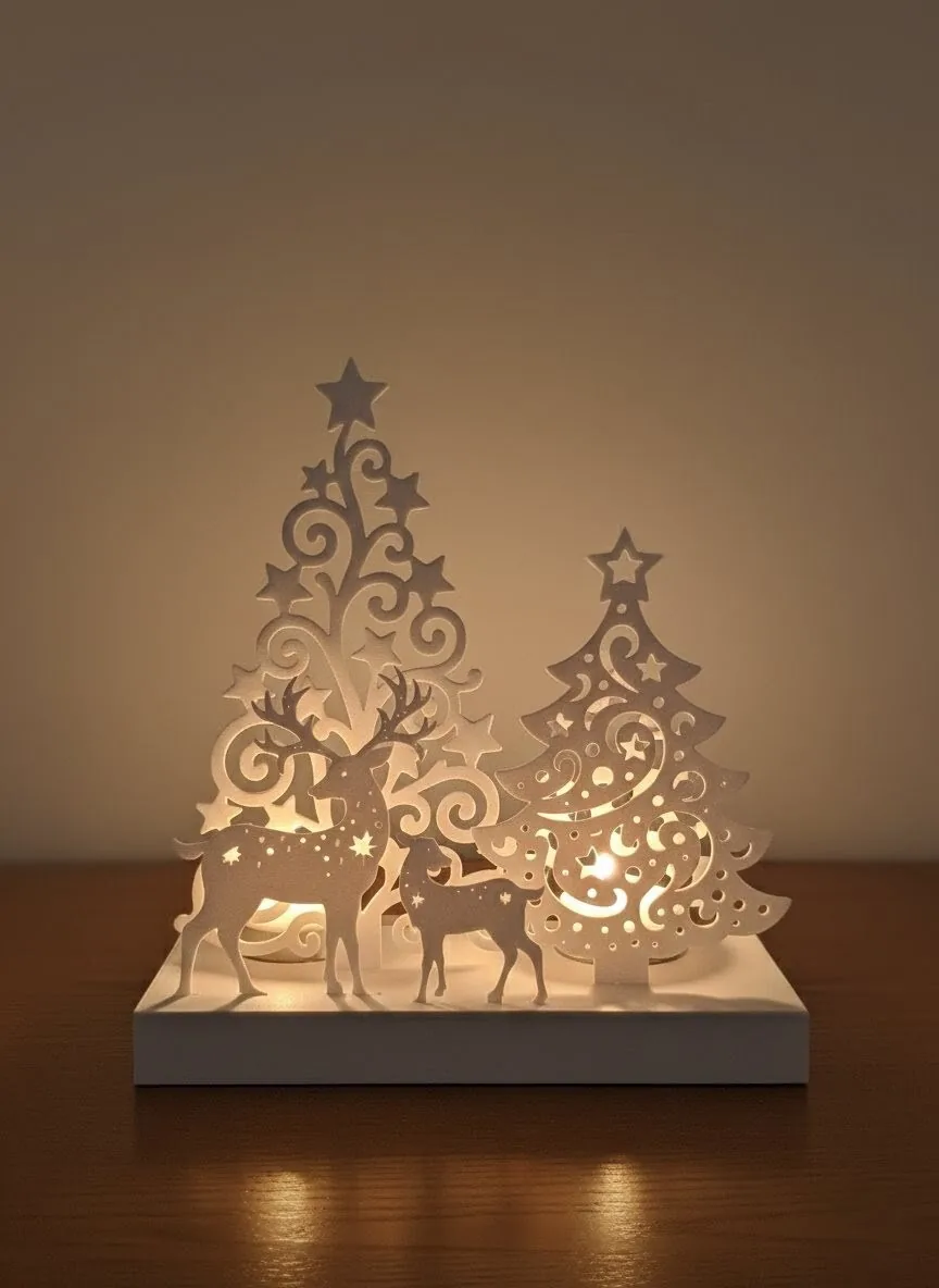 Silueta de bosque navideño con renos para vela LED impreso en 3D, foto 3