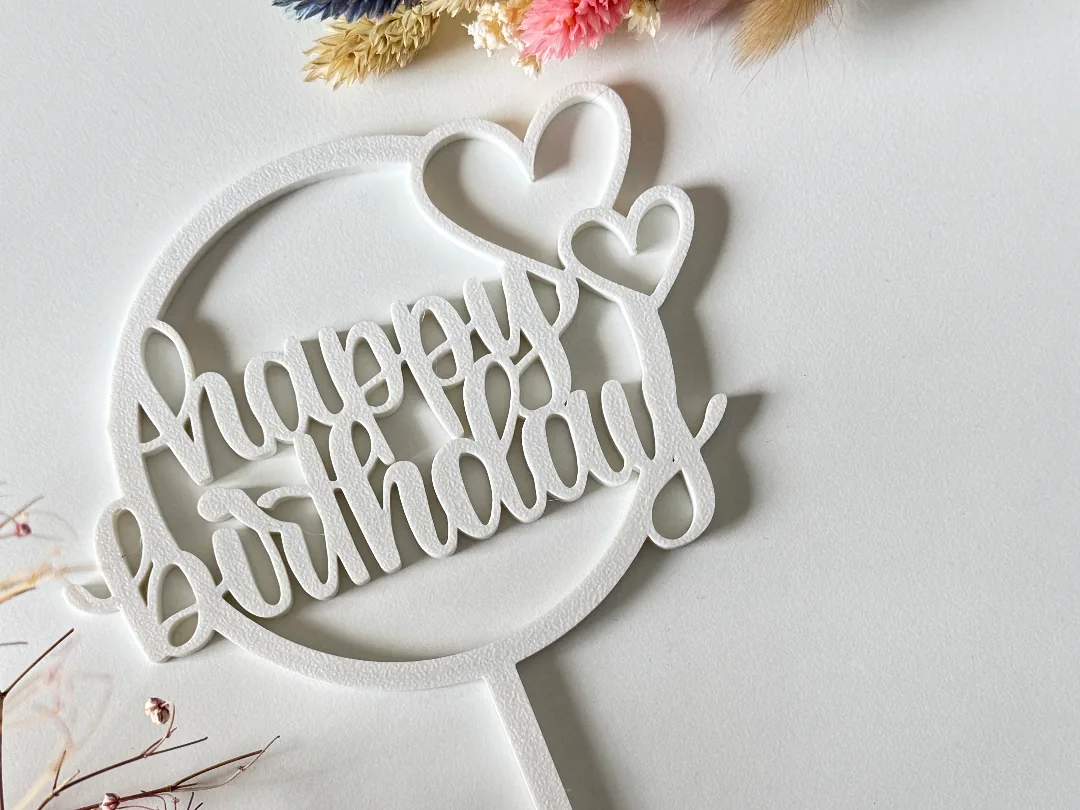 Topper Happy Birthday con aro y corazones