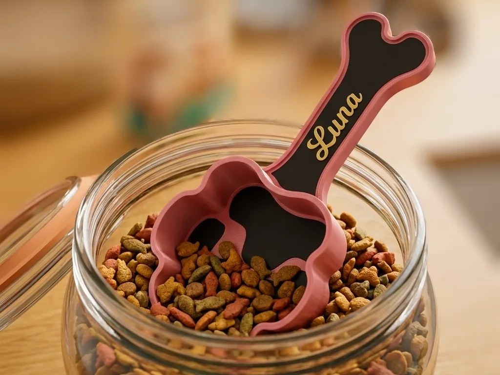 Medidor de comida huella y hueso con nombre impreso en 3D, foto 4