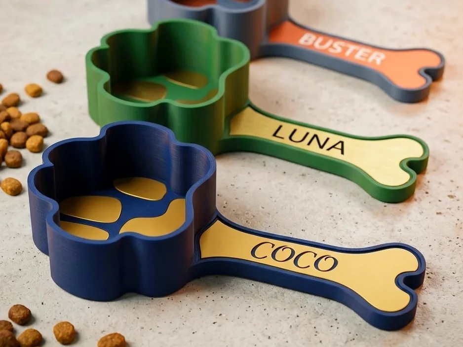 Medidor de comida huella y hueso con nombre impreso en 3D, foto 6
