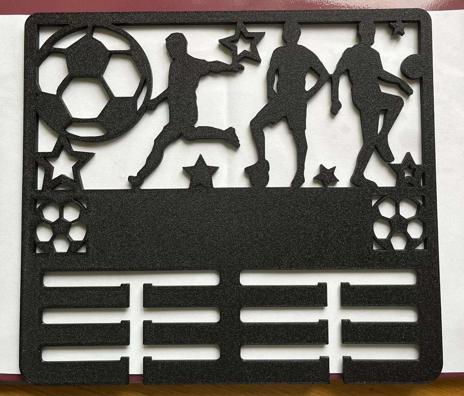 Soccer medal hanger with plain panel