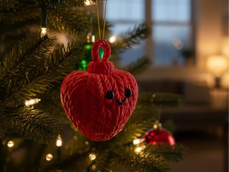 Coração de tricô com carinha, enfeite de Natal