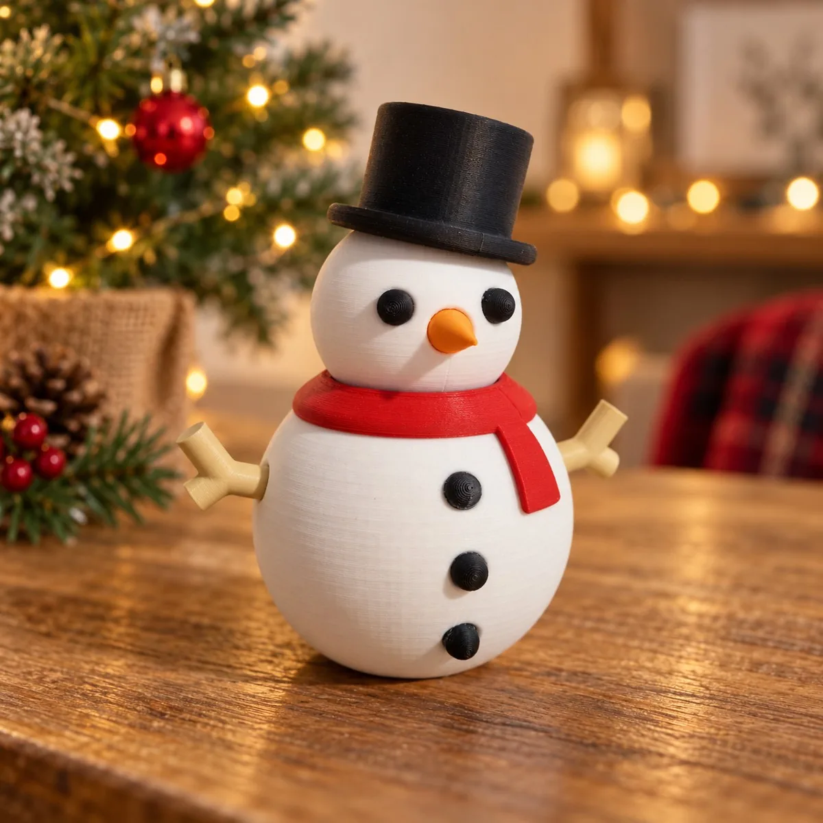 Muñeco de nieve con sombrero y brazos de ramita impreso en 3D, foto 4