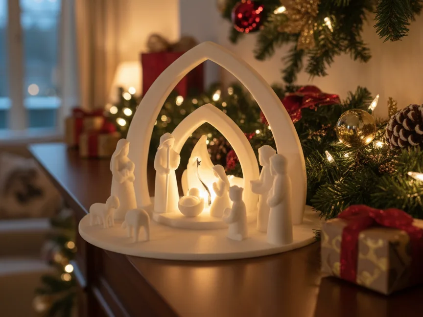 Pesebre minimalista con arco y luz